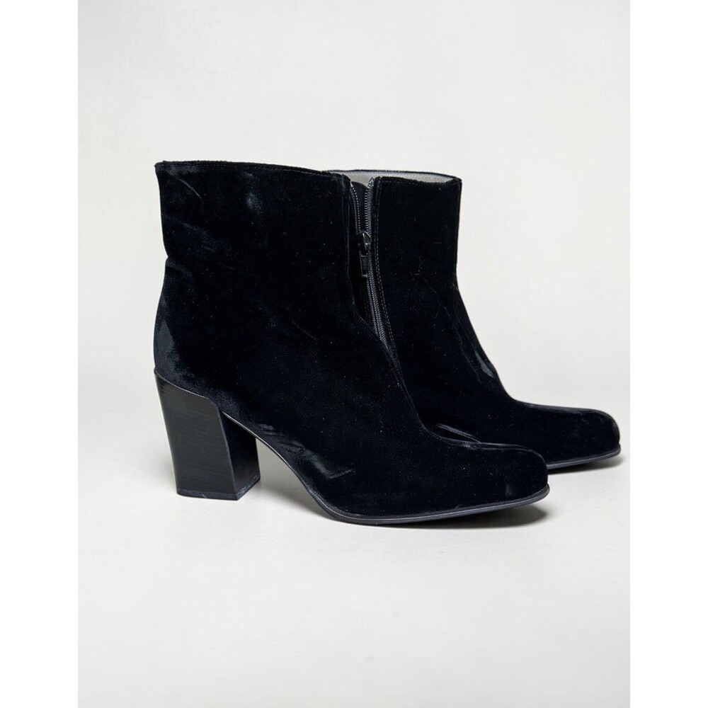 PRADA Black Velvet Ankle Boots Block Heel 38.5 Mid Calf Zipper Italy Luxury